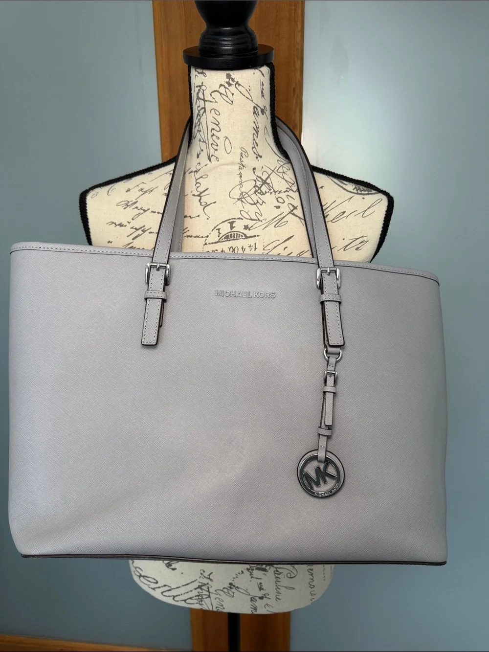 Michael Kors Light Gray Saffiano Tote with MK Charm